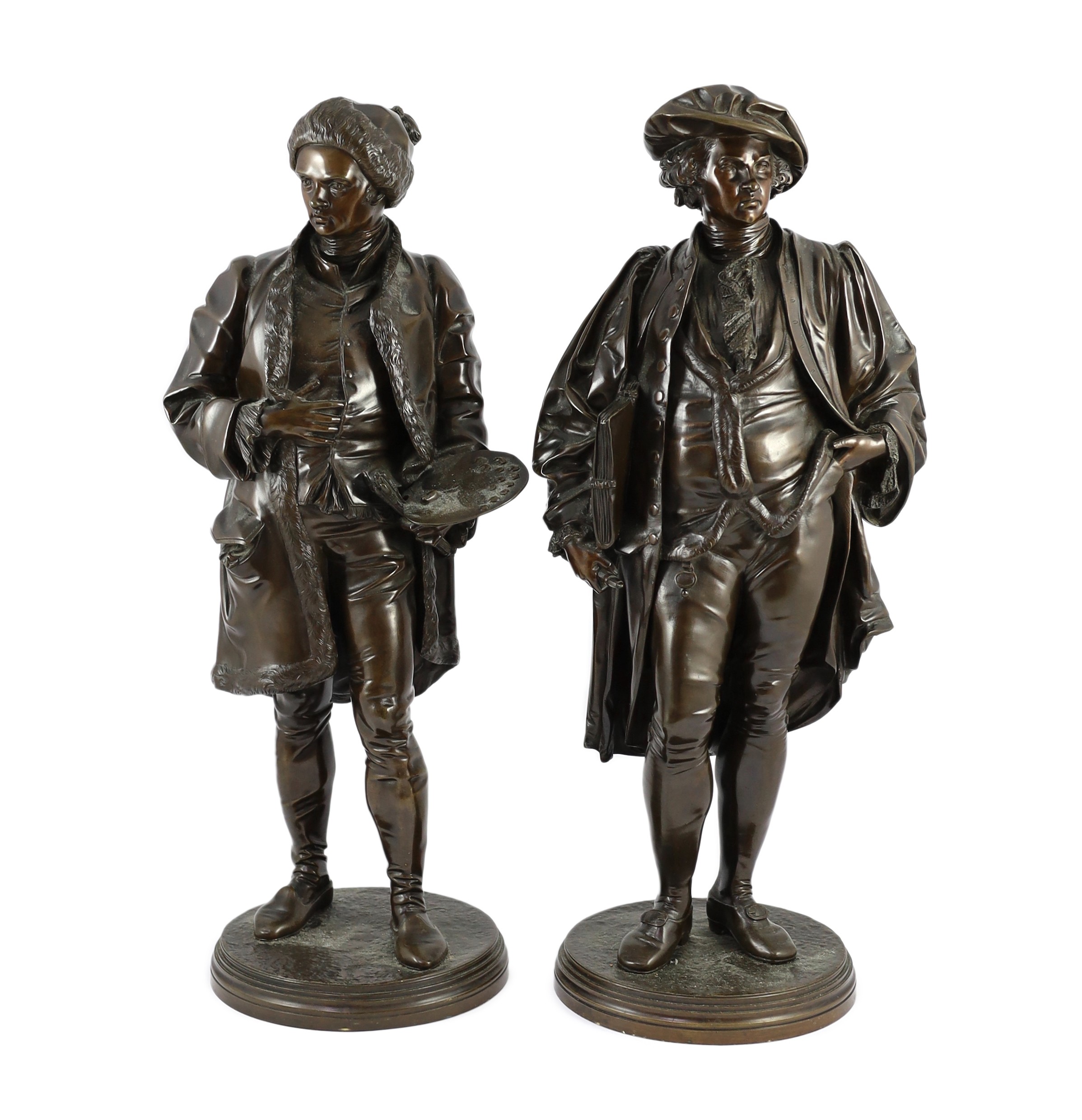 , Jean Jules Salmson (1823-1902). A pair of bronze figures of Sir Joshua Reynolds and William Hogarth, 57cm high